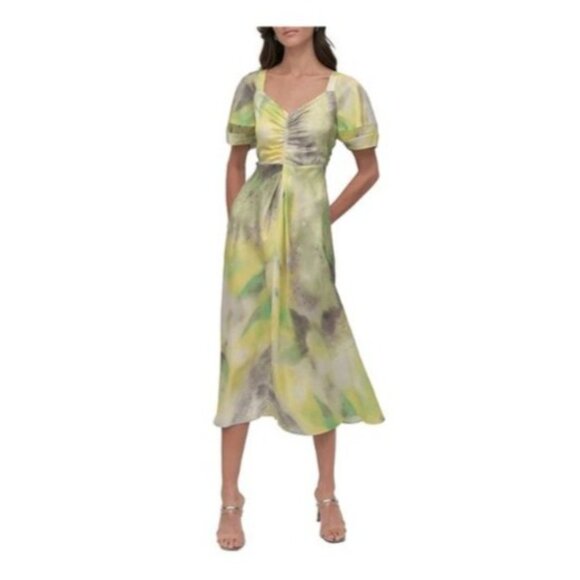 DKNY Donna Karan Satin V-Neck Short Sleeve Ruche  Midi Dress size XL new $129 - Picture 1 of 6